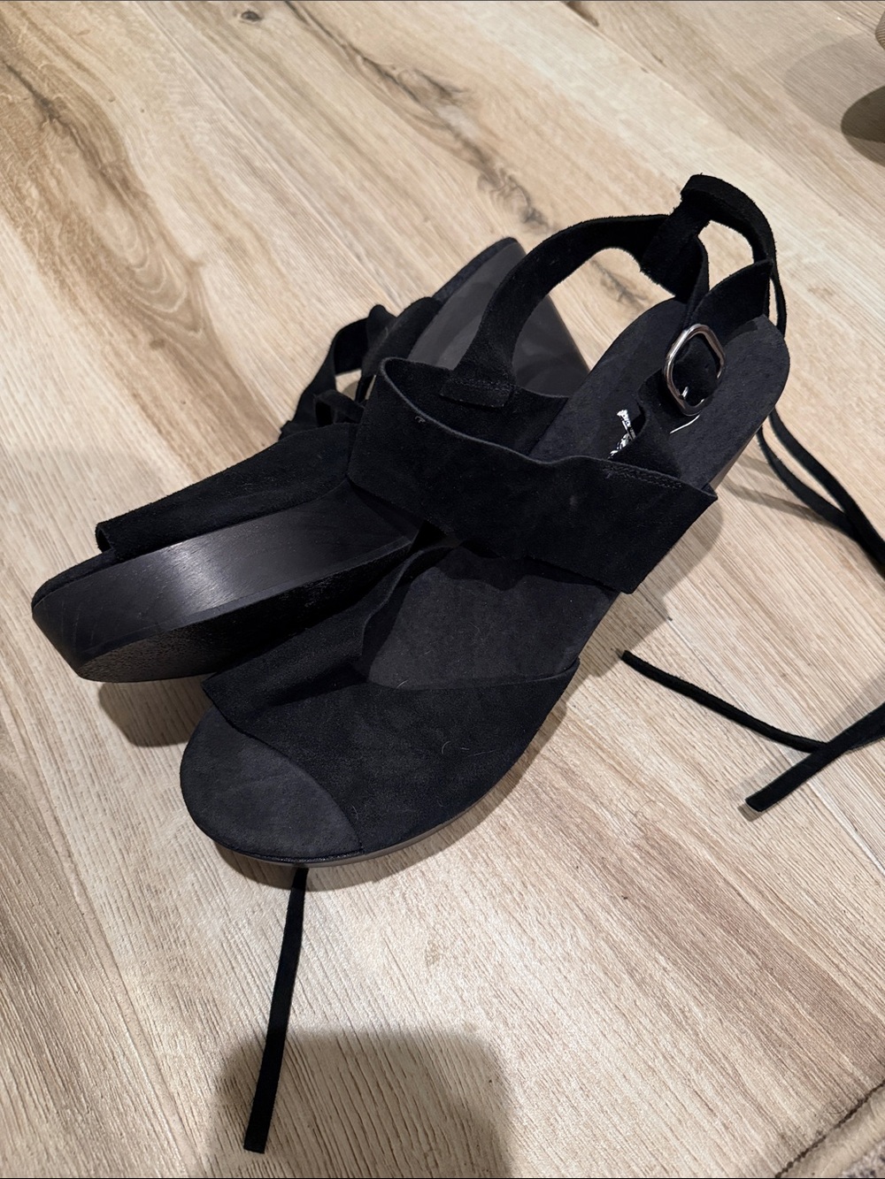Free People Black Suede Strappy Wedge Sandals